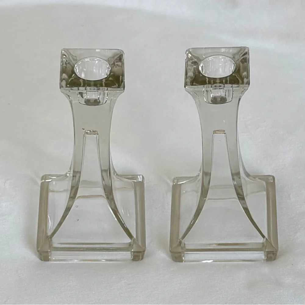 Vintage Clear Glass Candle Holders, Set of 2